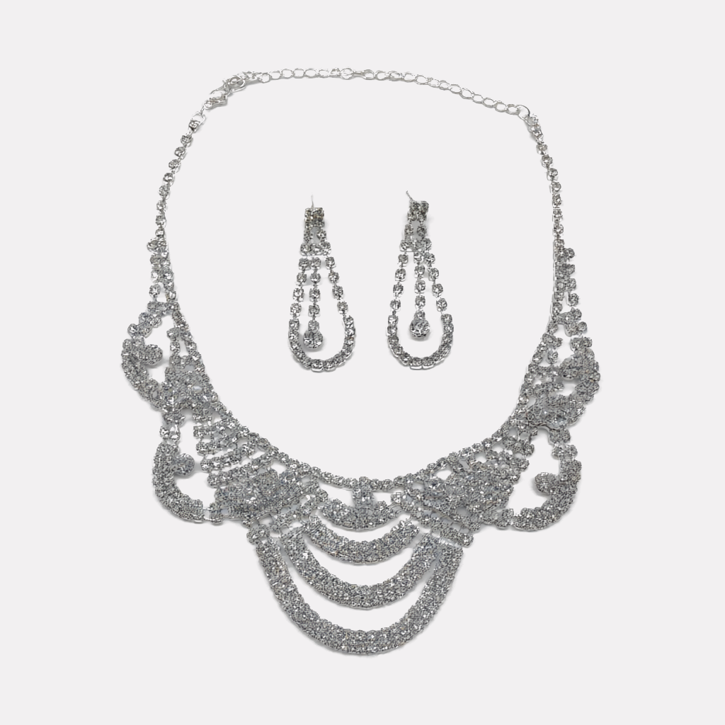 WH05-CB0011-01_main Silver Heavy Multi-layer Tassel Zircon Necklace & Earrings Set - Image 1