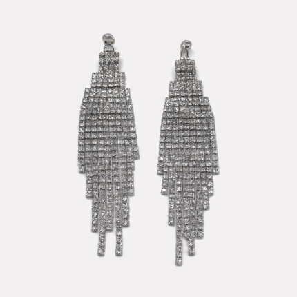 Silver Long Ladder Tassel Zircon Earrings