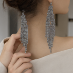 Silver Long Ladder Tassel Zircon Earrings - Image 4