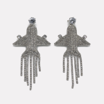 Silver Airplane-shaped Long Tassel Rhinestone Earrings