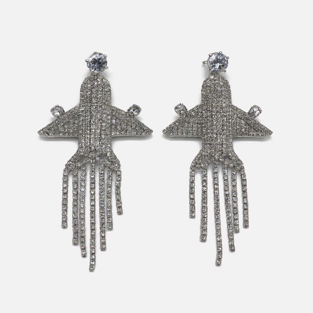 WH05-CB0038-01_main Silver Airplane-shaped Long Tassel Rhinestone Earrings - Image 1