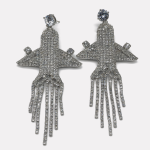 Silver Airplane-shaped Long Tassel Rhinestone Earrings - Image 2