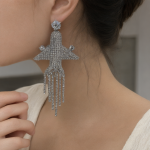 Silver Airplane-shaped Long Tassel Rhinestone Earrings - Image 4