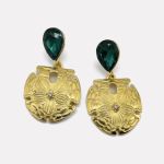 Gold Emerald Teardrop Carved Metal Drop Earrings