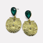 Gold Emerald Teardrop Carved Metal Drop Earrings - Image 2