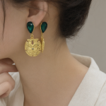 Gold Emerald Teardrop Carved Metal Drop Earrings - Image 4