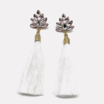 Gold Pink Crystal Floral White Tassel Earrings - Image 2