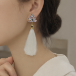 Gold Pink Crystal Floral White Tassel Earrings - Image 4