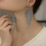 Silver Fan-shaped Rhinestone Long Drop Earrings - Image 4