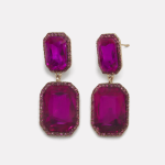 Gold Magenta Square Zircon Double Layer Drop Earrings