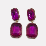 Gold Magenta Square Zircon Double Layer Drop Earrings - Image 2