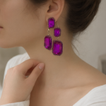 Gold Magenta Square Zircon Double Layer Drop Earrings - Image 4