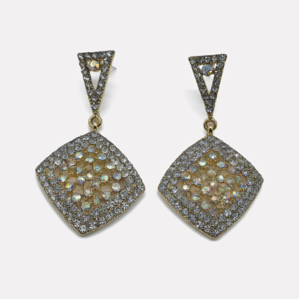 Gold Diamond Hollow Iridescent Rhinestone Drop Stud Earrings